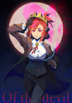 1girl adjusting_clothes adjusting_headwear arm_up az_(ang_z8s) black_gloves black_pants black_suit bolo_tie breasts card commentary copyright_name crown english_commentary evangeline_morgan formal_clothes gloves highres holding holding_card medium_breasts of_the_devil pants playing_card red_eyes red_hair shirt smile solo standing suit white_shirt