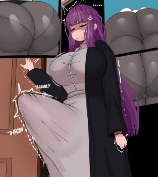 ... 1futa 1girl angry ass blush breasts bulge closed_eyes clothes colorized english_text erection erection_under_clothes fern_(sousou_no_frieren) fladdykin frieren futanari grey_hair highres huge_ass huge_breasts large_penis long_hair looking_at_viewer nervous penis purple_hair sousou_no_frieren twintails