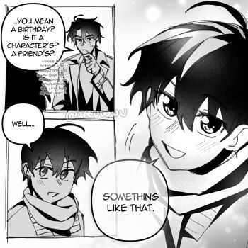 2boys areuwuu coat commentary curtained_hair english_commentary greyscale hair_between_eyes hand_on_own_chin high_collar highres holding_hands hood hood_down jacket kim_dokja male_focus monochrome multiple_boys omniscient_reader&#039;s_viewpoint scar scar_across_eye scar_on_face scarf short_hair sparkling_eyes yoo_joonghyuk