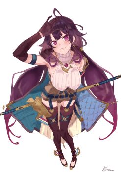 1girl ahoge atelier_(series) atelier_sophie atelier_sophie_2 belt blue_belt blue_cape breasts brown_gloves cape closed_mouth commentary elbow_gloves full_body gloves hand_up highres holding holding_staff large_breasts leotard long_hair looking_at_viewer low_twintails purple_eyes purple_hair qmmparabellum ramizel_erlenmeyer signature simple_background smile solo staff twintails very_long_hair white_background