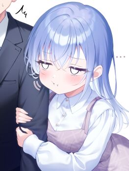 ... 1boy 1girl :i ^^^ arm_hug blue_hair blush breasts collared_shirt commentary_request crossed_bangs dress eyes_out_of_frame head_out_of_frame hetero highres idolmaster idolmaster_shiny_colors long_hair long_sleeves medium_breasts no_pupils pinafore_dress pout producer_(idolmaster) shirasato_(phzm8733) shirt simple_background sleeveless sleeveless_dress suzuki_hana white_background white_shirt