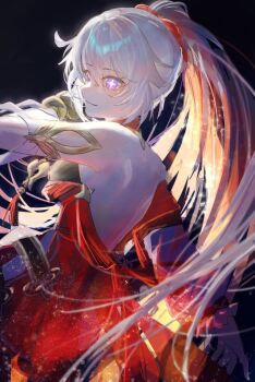 Rule 34 | 1girl, bare shoulders, blue eyes, breasts, commentary request, cross-shaped pupils, dress, duoyun de tiankong, high ponytail, honkai (series), honkai impact 3rd, kiana kaslana, kiana kaslana (ba-dum! fiery wishing star), long hair, medium breasts, multicolored hair, ponytail, red dress, red hair, solo, symbol-shaped pupils, two-tone hair, very long hair, white hair