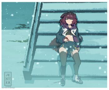 1girl animal_ears black_hair black_thighhighs blade_runner_(series) blade_runner_2049 blood brown_hair closed_eyes commission dog_ears dog_girl dog_tail full_body goslingposting_(meme) highres hood injury jacket jesternalagon long_sleeves lying meme movie_reference multicolored_hair original outdoors shoes short_hair sneakers snow snowing solo stairs tail the_masculine_urge_to_slowly_bleed_out_here_(meme) thighhighs white_shoes