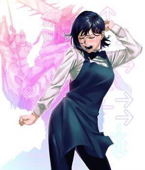 1girl apron arrow_(symbol) black_hair blouse blush chainsaw_devil chainsaw_man closed_eyes collared_shirt dancing hair_ornament hairclip higashiyama_kobeni highres long_sleeves mole mole_under_eye mole_under_mouth open_mouth original_nasu pants shirt short_hair simple_background solo_focus sweat tears white_background white_shirt