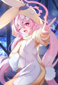 +_- 1girl absurdres blue_archive city_lights commentary cosplay cowboy_shot dice fang flat_chest halo highres holding holding_dice hood hooded_pajamas indoors kigurumi koyuki_(blue_archive) long_hair one_eye_closed open_mouth pajamas pink_hair pink_halo skin_fang smile solo standing tomo_(tomosa011326) tongue twintails v very_long_hair yellow_pajamas