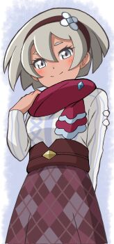 1girl bea_(palentine&#039;s_2022)_(pokemon) bea_(pokemon) blush brown_hairband brown_skirt closed_mouth emapippi eyelashes grey_background grey_eyes grey_hair hair_between_eyes hairband hand_up happy highres long_sleeves looking_down nintendo official_alternate_costume pokemon pokemon_masters_ex red_scarf scarf shirt short_hair skirt smile solo split_mouth white_shirt