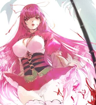 blood blood_on_face blurry breasts cleavage clothes_lift corset depth_of_field dress dress_lift from_below hair_ribbon highres keikoku_(rance) large_breasts long_hair looking_at_viewer pink_dress pink_eyes pink_hair rance_(series) ribbon see-through_clothes sengoku_rance thighhighs thighs tsutsugano very_long_hair white_background white_thighhighs