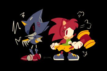 Rule 34 | 1boy, 1girl, amy rose, anger vein, black background, classic amy, crossed arms, hammer, high contrast, highres, holding, holding hammer, humanoid robot, looking back, metal sonic, pout, red eyes, robot, sczawr, skirt, sonic (series), sonic cd, sonic the hedgehog (classic), toy hammer, yellow skirt