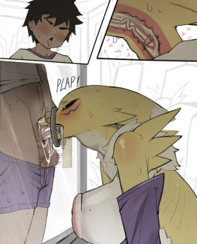1boy 1girl :&gt;= against_glass alternate_breast_size_(larger) animal_ears animal_hands animal_nose black_sclera blue_eyes body_fur breast_press breasts breasts_on_glass claws clothes_pull colored_sclera commentary cum cum_in_mouth cum_in_throat deepthroat digimon digimon_(creature) english_commentary facial_mark fellatio fox_ears fox_girl fox_tail furry furry_female glory_hole hand_on_another&#039;s_head highres huge_breasts looking_at_penis motion_lines neck_fur nipples oral penis purple_sleeves renamon saliva shorts shorts_pull shota sign snout solo_focus swallowing sweat tail testicles throat_bulge tongue tongue_out two-tone_fur veins veiny_penis white_fur x-ray yellow_fur zhou135627