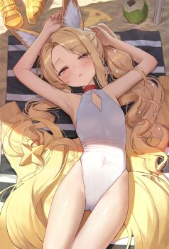 1girl absurdres animal_ear_fluff animal_ears armpits arms_up bare_shoulders beach_mat blonde_hair blue_archive breasts cameltoe coconut commentary covered_navel cross_halo diamond_cutout dot_nose drinking_straw feet_out_of_frame flat_chest fox_ears fox_girl fox_tail half-closed_eyes halo highleg highleg_one-piece_swimsuit highres jacket loli long_hair long_sleeves looking_at_viewer lying official_alternate_costume on_back on_ground one-piece_swimsuit open_mouth sand sandals seia_(blue_archive) seia_(swimsuit)_(blue_archive) shade side_ponytail small_breasts solo sunlight superpig swimsuit tail tail_ornament thigh_gap thighs unworn_jacket unworn_sandals very_long_hair very_long_tail white_one-piece_swimsuit yellow_halo yellow_jacket yellow_sandals