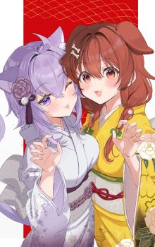 2girls absurdres ahoge animal_ears blush bone_hair_ornament brown_eyes brown_hair cat_ears cat_girl cat_tail closed_mouth commentary_request dog_ears dog_girl fingernails floral_print floral_print_kimono grey_kimono hair_between_eyes hair_ornament highres hololive inugami_korone japanese_clothes kimono krn_udn long_sleeves looking_at_viewer multiple_girls nail_polish nekomata_okayu obi one_eye_closed open_mouth print_kimono purple_eyes purple_hair sash smile tail tongue tongue_out wide_sleeves yellow_kimono