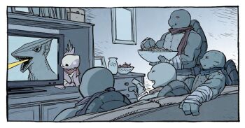 bandaged_arm bandages book bowl box breath_weapon couch crossover daiei_motion_picture donatello_(tmnt) dresser eating energy energy_beam food fruit gamera_(series) gamera_vs._gyaos gyaos kaiju laser leonardo_(tmnt) living_room michelangelo_(tmnt) mouth_beam no_humans official_art popcorn raphael_(tmnt) scarf sharp_teeth sophie_cranker teenage_mutant_ninja_turtles teeth television turtle ultrasonic_scalpel vase yellow_laser