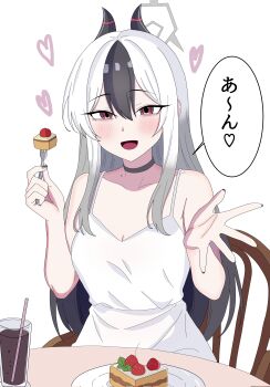 1girl black_choker black_hair black_nails blue_archive blush breasts cake chair choker cleavage collarbone cup demon_horns dress food fork halo heart holding holding_fork horns japanese_text kayoko_(blue_archive) long_hair mole mole_on_collarbone multicolored_hair open_mouth pink_eyes pkayokolove0317 sidelocks sitting small_breasts smile solo speech_bubble strawberry_shortcake table two-tone_hair white_dress white_hair