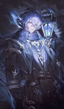 1boy black_coat black_gloves black_pants blue_fire coat commentary cowboy_shot english_commentary fire flins_(genshin_impact) genshin_impact gloves hair_between_eyes highres holding holding_lantern lantern long_hair looking_at_viewer male_focus orange_eyes pants parted_lips purple_hair rain solo to_e very_long_hair