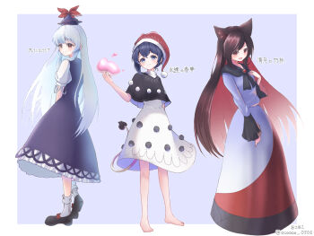 Rule 34 | 3girls, animal ears, barefoot, black capelet, blob, blue dress, blue eyes, blue hat, brooch, brown hair, capelet, commentary request, doremy sweet, dream soul, dress, full body, grey hair, hat, highres, imaizumi kagerou, jewelry, kamishirasawa keine, long hair, long sleeves, looking at viewer, multiple girls, nightcap, ocooco, open mouth, pom pom (clothes), puffy short sleeves, puffy sleeves, red eyes, red hat, red nails, short sleeves, smile, toes, touhou, translation request, very long hair, white dress, wolf ears, wolf girl