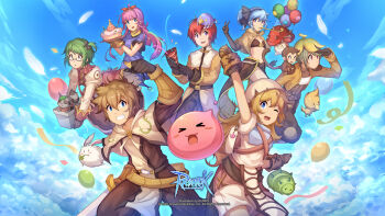 >_< 3boys 4girls :3 acolyte_(ragnarok_online) angeling animal animal_on_head archer_(ragnarok_online) baby_animal backpack bag balloon belt bikini bikini_top_only bird bird_on_head black-framed_eyewear black_hairband blonde_hair blue_eyes blue_hair blue_shirt blue_sky bow brown_bag brown_bikini brown_bow brown_capelet brown_eyes brown_gloves brown_hair brown_jacket brown_pants brown_shirt brown_shorts brown_skirt bug cake candle capelet cassock caterpillar chick closed_mouth cloud commentary_request confetti eggshell_hat elbow_gloves fabre feathers feet_out_of_frame filir_(ragnarok_online) food glasses gloves green_hair grin hair_bow hairband holding holding_sword holding_weapon jacket kunknee long_hair long_sleeves looking_at_viewer lunatic_(ragnarok_online) mage_(ragnarok_online) merchant_(ragnarok_online) monkey multiple_boys multiple_girls novice_(ragnarok_online) on_head one_eye_closed one_side_up open_mouth pants party_popper pelvic_curtain picky_(ragnarok_online) pink_hair poring raccoon ragnarok_online red_eyes red_hair shirt short_hair short_sleeves shorts showgirl_skirt shrug_(clothing) skirt sky slime_(creature) smile smokie_(ragnarok_online) smoking_pipe smoking_pipe_in_mouth spore_(ragnarok_online) swimsuit sword swordsman_(ragnarok_online) thief_(ragnarok_online) v weapon white_capelet yoyo_(ragnarok_online)