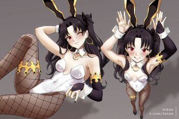 1girl :q alternate_costume animal_ear_hairband animal_ears arms_up black_hair black_nails breasts brown_pantyhose commentary_request earrings fake_animal_ears fate/grand_order fate_(series) gold_thighlet grey_background hairband highres hoop_earrings ishtar_(fate) jewelry leotard long_hair multiple_views one_eye_closed pantyhose playboy_bunny rabbit_ear_hairband rabbit_ears red_eyes simple_background small_breasts thighlet tongue tongue_out two_side_up very_long_hair white_leotard wrist_cuffs xkzan