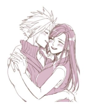 Rule 34 | 1boy, 1girl, arm around back, arm around neck, bare shoulders, blush, breasts, closed eyes, cloud strife, collarbone, couple, earrings, final fantasy, final fantasy vii, final fantasy vii: advent children, from side, hand in another's hair, hand on another's shoulder, heads together, hetero, highres, hug, jewelry, large breasts, long hair, newwellie, open mouth, parted lips, popped collar, ribbed shirt, shirt, short hair, sleeveless, sleeveless shirt, smile, spiked hair, tifa lockhart, upper body, white background
