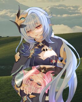 1girl absurdres blue_corset blue_eyes blue_hair blue_shrug breasts chinese_commentary commentary_request corset different_reflection elf elysia_(honkai_impact) elysia_(miss_pink_elf)_(honkai_impact) grass hair_ornament herrscher_of_corruption highres honkai_(series) honkai_impact_3rd large_breasts long_hair looking_at_mirror mirror mo_gangzi outdoors photo_background pink_hair pointy_ears reflection shrug_(clothing) solo very_long_hair