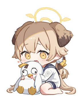 1girl :d animal_ears bamyamsj barefoot black_sailor_collar blue_archive brown_hair chibi chibi_only commentary_request dog_ears dog_girl extra_ears floppy_ears full_body hair_ornament hair_ribbon halo happy heart hifumi_(blue_archive) highres holding holding_stuffed_toy korean_commentary long_hair low_twintails open_mouth peroro_(blue_archive) ribbon sailor_collar school_uniform serafuku sitting smile solo stuffed_animal stuffed_toy tareme teeth twintails upper_teeth_only very_long_hair wariza wing_hair_ornament winged_halo yellow_eyes yellow_halo yellow_ribbon