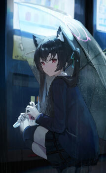 1girl absurdres animal_ear_fluff animal_ears black_hair blue_archive can cat_ears cat_girl chinese_commentary commentary_request drink_can extra_ears hair_between_eyes halo highres holding holding_umbrella jianjia long_hair looking_at_viewer night outdoors pink_halo red_eyes revision serika_(blue_archive) solo squatting transparent transparent_umbrella twintails umbrella vending_machine