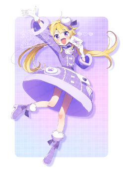 1girl alternate_costume arm_up bare_legs blonde_hair blunt_bangs boots border bow buttons center_frills collared_shirt dot_nose dress envelope fang floating_hair footwear_ribbon frills full_body fur-trimmed_dress fur-trimmed_sleeves fur_trim gloves gradient_background hair_intakes hair_ornament hair_ribbon happy heart heart-shaped_sleeves heart_button heart_hair_ornament high_collar high_heel_boots high_heels highres holding holding_envelope letter light_blush long_hair long_sleeves love_letter low_twintails magia_record:_mahou_shoujo_madoka_magica_gaiden mahou_shoujo_madoka_magica medium_dress mitsuki_felicia neck_ribbon open_mouth outside_border outstretched_arm plaid_bow plaid_clothes plaid_dress plaid_footwear pocket purple_background purple_boots purple_dress purple_eyes purple_ribbon purple_sailor_collar purple_theme ribbon ribbon_trim sailor_collar serizawa_serizane shirt shirt_under_dress skin_fang smile solo standing tareme twintails twitter_username unmoving_pattern very_long_hair watermark white_border white_gloves white_shirt