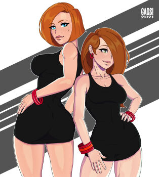 2girls absurdres ann_possible artist_name ass black_dress blue_eyes blush bracelet breasts cleavage dated dress earrings freckles g4qs green_eyes hair_over_one_eye hand_on_own_hip highres jewelry kim_possible kim_possible_(series) large_breasts looking_at_viewer medium_breasts medium_hair mother_and_daughter multiple_girls orange_hair short_dress watermark
