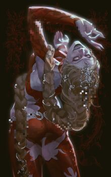 1girl a_(6966945594) absurdres baldur's_gate baldur's_gate_3 black_background black_eyeshadow black_lips blank_eyes blonde_hair bodysuit braid censored circlet colored_skin crazy_smile detached_sleeves dungeons_&amp;_dragons eyeshadow fingernails from_behind grey_skin hair_over_shoulder headpiece highres leaning_back long_hair low-braided_long_hair low-tied_long_hair makeup mosaic_censoring open_mouth orin_the_red red_bodysuit sharp_fingernails single_braid smile solo standing very_long_hair