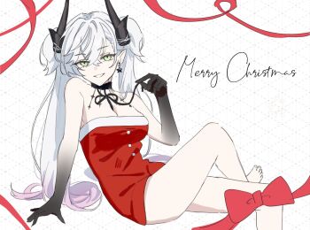 1girl barefoot black_hands body_markings bow breasts christmas cleavage colored_extremities commentary_request demon_girl dress earrings english_text fate/grand_order fate_(series) green_eyes hair_around_horn horns jewelry kaduki_cosmo large_breasts legs lilith_(fate) looking_at_viewer pointy_ears red_ribbon ribbon santa_costume santa_dress simple_background single_earring solo tattoo_between_breasts thighs white_hair