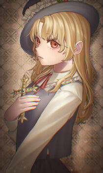 1girl blonde_hair brown_hat brown_skirt brown_vest closed_mouth cross dolls_in_pseudo_paradise fedora hasukappu hat highres holding holding_cross jacket_girl_(dipp) long_hair long_sleeves looking_at_viewer neck_ribbon red_ribbon ribbon shirt skirt solo touhou upper_body vest vignetting white_shirt yellow_eyes