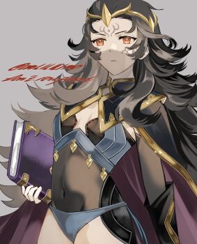 1girl absurdres black_bridal_gauntlets black_hair blue_panties bodystocking book breasts bridal_gauntlets circlet facial_mark fire_emblem fire_emblem_fates forehead_mark highres holding holding_book long_hair looking_at_viewer messy_hair mouth_veil nintendo nyx_(fire_emblem) omlililimo panties red_eyes see-through_clothes see-through_veil small_breasts tiara underwear veil very_long_hair