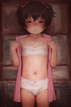 1girl akagi_miria blush bow bow_bra bow_panties bra brown_eyes brown_hair clothes_lift clothes_writing clothing_request female_focus heart heart_bra heart_panties heart_print highres idolmaster idolmaster_cinderella_girls idolmaster_cinderella_girls_u149 indoors loli looking_at_viewer matching_underwear medium_hair navel open_clothes open_mouth panties pink_bow print_bra print_panties short_twintails sionsionsion solo standing teeth training_bra twintails underwear upper_teeth_only white_bra white_panties