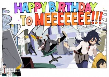 1girl 6+boys aizawa_shota arm_up artist_name beard_stubble belt black_boots black_hair black_jacket blonde_hair bodysuit boku_no_hero_academia boots cape chair character_request confetti facial_hair hair_between_eyes happy_birthday jacket kaido_(kaido_ggg) long_hair mask midnight_(boku_no_hero_academia) monitor multiple_boys mustache_stubble necktie office_chair present_mic red_belt red_necktie school_uniform shirt sitting stubble sweat swivel_chair u.a._school_uniform white_bodysuit white_shirt