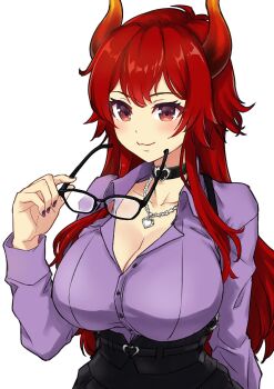 Rule 34 | 1girl, :3, black-framed eyewear, black choker, black skirt, blush, breasts, choker, cleavage, closed mouth, collar, dola (7th costume) (nijisanji), dola (nijisanji), dragon horns, fingernails, glasses, gradient horns, heart, heart choker, high-waist skirt, highres, holding, holding removed eyewear, horns, jewelry, jyaco, large breasts, long hair, looking at viewer, multicolored horns, necklace, nijisanji, orange horns, purple nails, purple shirt, red eyes, red hair, red horns, shirt, sidelocks, simple background, skirt, smile, solo, unworn eyewear, upper body, virtual youtuber, white background