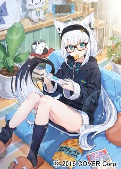 1girl ahoge animal_ear_piercing animal_ears aqua_eyes asymmetrical_legwear black_hairband black_jacket black_socks book book_stack chips_(food) commentary_request controller copyright_notice couch day double-parted_bangs food food_in_mouth fox_ears fox_girl fox_tail game_controller glasses hair_between_eyes hairband holding holding_controller holding_game_controller hololive indoors jacket komiya_latte long_hair looking_at_viewer loungewear low_ponytail no_pants official_alternate_costume official_art on_couch pentagram plant ponytail potted_plant shirakami_fubuki shirakami_fubuki_(loungewear) sitting slippers socks solo sukonbu_(shirakami_fubuki) tail uneven_legwear very_long_hair virtual_youtuber white_hair
