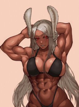 Rule 34 | absurdres, animal ears, bikini, black bikini, blush, boku no hero academia, breasts, dark skin, glowing, glowing eyes, highres, large breasts, long hair, milka01477, mirko, muscular, muscular female, non-web source, rabbit ears, red eyes, swimsuit, tipsy