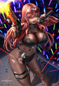 1girl absurdres bikini bikini_over_clothes black_bikini bodystocking breasts cleavage commentary covered_navel english_commentary enma_(enmanuelart) eyewear_on_head goddess_of_victory:_nikke gun highres jacket large_breasts leather leather_jacket long_hair long_sleeves microphone open_clothes open_jacket open_mouth orange_eyes red_hair red_jacket see-through_cleavage see-through_clothes sidelocks smile solo sunglasses swimsuit thighs torn_bodystocking torn_clothes volume_(nikke) weapon