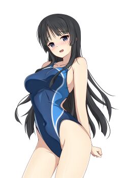 Rule 34 | 1girl, absurdres, akiyama mio, black eyes, black hair, blue one-piece swimsuit, breasts, commentary request, competition swimsuit, covered navel, highleg, highleg one-piece swimsuit, highres, k-on!, large breasts, long hair, looking at viewer, one-piece swimsuit, open mouth, simple background, solo, standing, swimsuit, thighs, tongue, white background, yasuc
