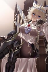 Rule 34 | 1girl, armored boots, armored gloves, black shorts, blonde hair, blue eyes, boots, breasts, brown pantyhose, closed mouth, coat, collared shirt, crossed legs, crown (nikke), diadem, drill hair, goddess of victory: nikke, hair ornament, headgear, jewelry, large breasts, long hair, looking at viewer, milmil7, necklace, pantyhose, shirt, shorts, sitting, smile, solo, thighs, throne, white coat, white shirt