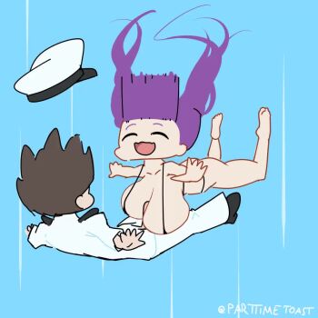 1boy 1girl ^_^ accidental_paizuri animated arms_up artist_name azur_lane barefoot bikini black_bikini black_shoes blue_background bouncing_breasts breasts brown_hair closed_eyes collarbone commander_(azur_lane) day deformed erection floating_hair happy hat hetero huge_breasts jacket long_sleeves looping_animation micro_bikini military_uniform mogador_(azur_lane) mogador_(diving_for_desire)_(azur_lane) open_mouth outdoors outstretched_arms paizuri pants parttimetoast peaked_cap penis penis_out purple_hair shoes signature simple_background skydive smile string_bikini swimsuit twintails twitter_username uncensored unworn_hat unworn_headwear video what white_hat white_jacket white_pants wind