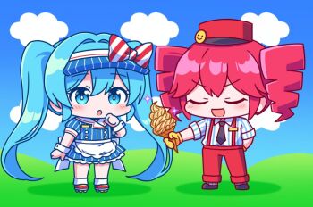 2girls apron arm_at_side arm_up black_necktie black_skirt blue_dress blue_eyes blue_hair blue_hat blue_sky blush bow chibi chibi_only closed_eyes cloud collared_dress collared_shirt day double-parted_bangs dress drill_hair flat_chest food full_body gloves grey_socks hair_between_eyes hand_up hat hat_bow hatsune_miku holding holding_ice_cream_cone ice_cream ice_cream_cone kaoling kasane_teto long_hair mesmerizer_(vocaloid) multiple_girls necktie open_mouth pants pinstripe_dress pinstripe_hat pinstripe_pattern red_bow red_hair red_hat red_pants sailor_collar shirt short_sleeves skates skirt sky sleeves_rolled_up smiley_hat_ornament socks standing striped_clothes striped_socks suspenders twin_drills twintails two-tone_bow utau very_long_hair visor_cap vocaloid waist_apron white_apron white_bow white_sailor_collar white_wrist_cuffs wing_collar wrist_cuffs yellow_gloves