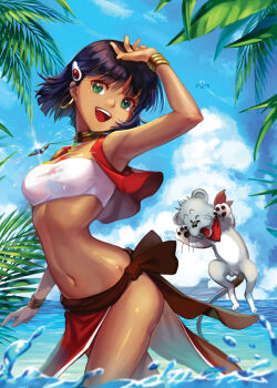 :d arm_up armpits bandeau bob_cut bracelet cloud dark-skinned_female dark_skin day earrings fushigi_no_umi_no_nadia gainax green_eyes hair_ornament hairclip hoop_earrings jewelry jumping king_(nadia) lion loincloth lojet nadia_la_arwall neck_ring necklace ocean open_mouth palm_tree smile strapless tree tube_top vest