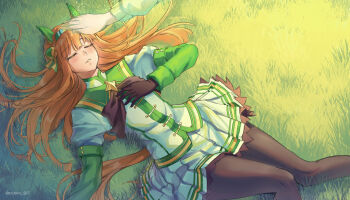 1girl 1other absurdres animal_ears black_gloves black_pantyhose blush closed_eyes ear_covers gloves hair_ornament headpat highres horse_ears horse_girl horse_tail long_hair long_sleeves lying midorin_567 on_back on_grass orange_hair orange_tail pantyhose pleated_skirt shirt silence_suzuka_(innocent_silence)_(umamusume) silence_suzuka_(umamusume) skirt solo tail umamusume white_shirt white_skirt