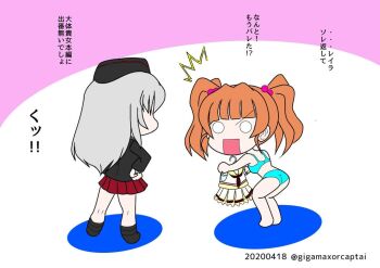 Rule 34 | 1girl, 2girls, artist request, black hat, black jacket, black skirt, blue bra, blue eyes, blue panties, bra, brown hair, coco's, garrison cap, girls und panzer, girls und panzer phase erika, grey shirt, hair tie, hat, itsumi erika, jacket, kuromorimine military uniform, kuromorimine school uniform, long hair, miniskirt, multiple girls, orange hair, panties, red skirt, rou leila, school uniform, shirt, skirt, translation request, twintails, underwear, underwear only