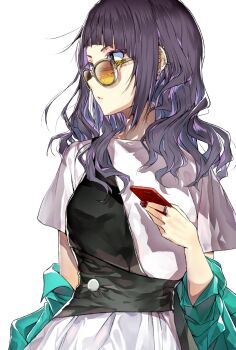 1girl absurdres asymmetrical_bangs asymmetrical_clothes blunt_bangs cellphone diagonal_bangs ear_piercing earrings green_shirt highres holding holding_phone idolmaster idolmaster_shiny_colors jewelry looking_afar looking_over_eyewear looking_over_glasses nail_polish phone piercing purple_eyes purple_hair ring shirt simple_background solo stud_earrings sunglasses tanaka_mamimi tinted_eyewear upper_body white_background yae_(mono110) yellow-tinted_eyewear yellow-tinted_glasses