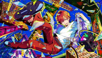 1boy belt black_belt blonde_hair blonde_streaks blue_background blue_jacket break_down_the_wall_(project_sekai) building colorful_palette ear_piercing english_text full_body game_cg glass_shards graffiti hair_between_eyes highres jacket looking_at_viewer male_focus multicolored_hair official_alternate_costume official_art open_clothes open_jacket orange_hair pants piercing project_sekai red_pants red_shoes shinonome_akito shirt shoes short_hair sneakers solo speaker streaked_hair teeth third-party_source tongue white_shirt