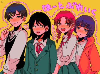 4girls black_eyes black_hair black_sweater_vest blazer blunt_bangs blush braid collared_shirt commentary dress_shirt fujii_ayame futsuu_no_keion-bu green_jacket green_skirt group_name hair_ornament hairpin hatono_chihiro heartbreak_(futsuu_no_keion-bu) height_difference highres hood hood_down hooded_jacket index_finger_raised jacket jitome kouyama_rin lapels long_hair long_sleeves multiple_girls neck_ribbon no_mole notched_lapels open_clothes open_jacket orange_jacket parted_bangs pink_eyes pink_hair pixie_cut pleated_skirt purple_eyes purple_hair red_ribbon ribbon school_uniform shirt short_hair skirt smile standing sweater_vest twin_braids twintails uchida_momo upper_body white_shirt wing_collar winter_uniform wolf_cut yellow_background yuzuha_takamura