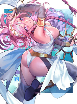 Rule 34 | 1girl, arched back, arm up, armlet, armpit crease, armpits, ass, bare back, bracer, braid, breasts, bridal gauntlets, commentary, dancer, dancing, detached pants, detached sleeves, english commentary, fire emblem, fire emblem awakening, from behind, headband, highres, jewelry, large breasts, leg up, long hair, looking back, nintendo, olivia (fire emblem), paid reward available, panties, pink eyes, pink hair, poch4n, revealing clothes, sandals, see-through clothes, see-through sleeves, solo, thick thighs, thighs, twin braids, underwear, very long hair, white headband, white panties