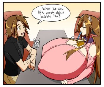 1boy 1girl animal_ears bare_shoulders bell black_shirt breast_rest breasts breasts_on_table brown_hair cleavage closed_eyes collar cow_ears cow_girl cow_horns drinking_straw english_text from_above gigantic_breasts gradient_background graph_(graphiteknight) horns long_hair looking_at_another matt_(ego_trigger) mattie_(ego_trigger) neck_bell orange_background original shirt sit sitting speech_bubble table taut_clothes upper_body white_background yellow_eyes