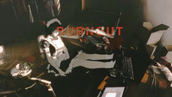 1girl absurdres apron black_dress black_hair black_shoes blunt_bangs brown_eyes chair closed_mouth computer dress feet_on_table food highres indoors laptop maid maid_apron maid_headdress messy_room on_chair original pizza pizza_box shiej007 shoes short_hair short_sleeves sitting socks solo white_apron white_socks